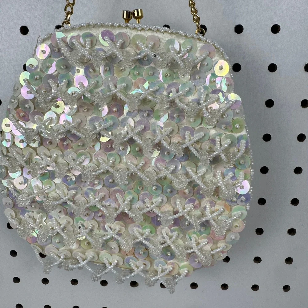 Vtg 1960s Hong Kong Beaded Sequin‎ Evening Bag White Iridescent Bridal Purse